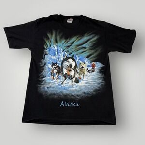 Vintage Hanes Heavyweight Alaska Dog Sled Team Graphic T-Shirt Black Medium